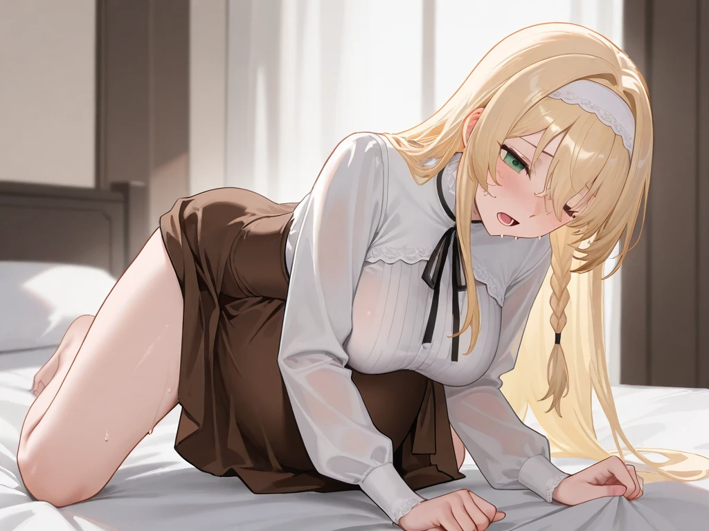 ((Photorealsitic:1.2))、Ecchi anime style、masutepiece, Best Quality, 1girl in,(A woman lifts up her skirt and shows off her panties), Looking at Viewer, Cute, Bra, medium breasts, Yellow eyes, Behind Wallenstein, Yellow hair, Long hair, Beautiful detailed eyes,red blush,is crying, full of sweat,(Upper body:1.3), (White and black dress),Toilet background, ((mistress, Authority))、(pantie shot)、((up skirt:0.8))、(A woman pulling up her skirt by herself:0.8)、((Close-up in panties:1.3))、((Angle of view from below:1.3))、Spread your legs to the sides、(Shyness:1.2)