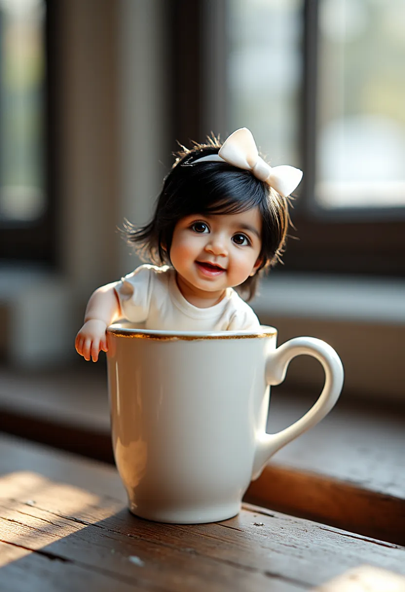 Little girl in blue lace dress drinking milk tea