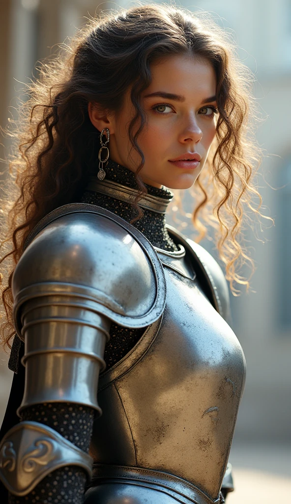 a woman in leather armor, with Irish characteristics, curly brown hair CURLY, with Hispanic features, brunette skin, at the age of forty.