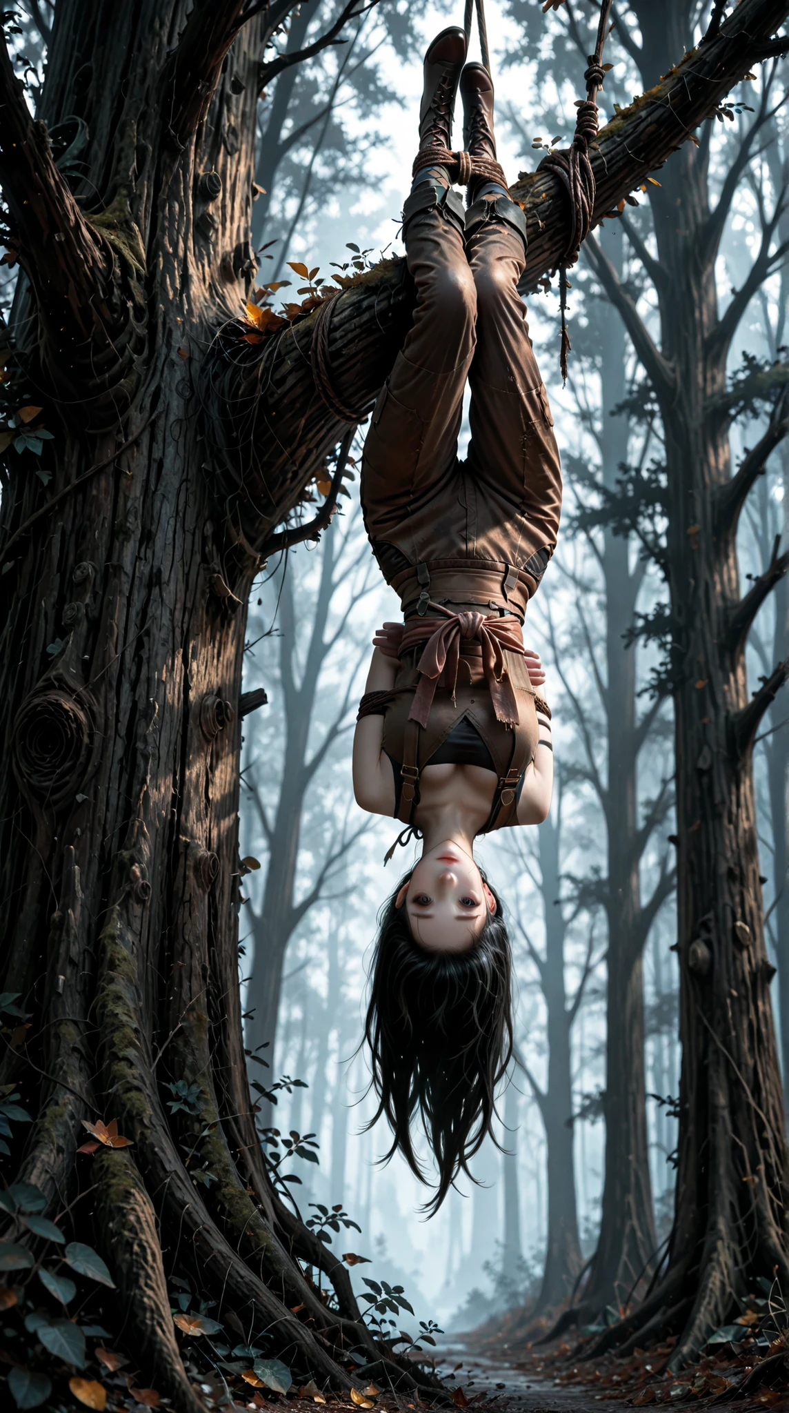 a naked woman tied to a tree, entangled with tree roots, covered roots, beautiful woman, big breasts, open legs showing vagina, groot fuck vagina, groot piercing her vagina, groot in vagina, sensual body, big breasts, short wavy hair, beautiful asian woman, jav idol actress, tied with tree roots, dark misty forest, hyper realistic