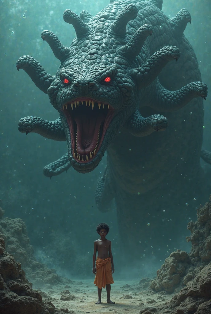5 years old Bhima reaches the underworld and is surrounded by large, menacing snakes. However, the snakes absorb the poison from Bhima, reviving him.