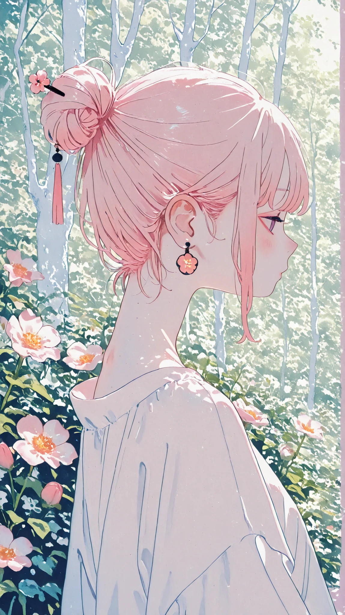 The world of white and pale pink, white森の中で 、 pale pink flowers , very light pink flowers in the white forest, white、Eye Catching、cute woman,bun hair、Nape、 hairpin、earrings, beautiful scenery、The 、Wallpaper、amazing background、 everything is in harmony 、pastel colors、pale color、watercolor、ink painting
