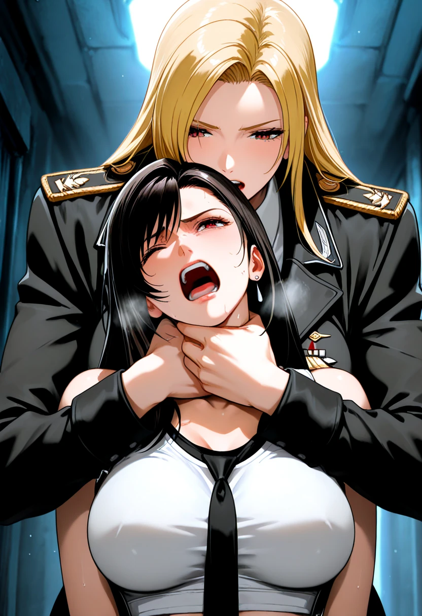 Manga comic sensual brunette girl Straight loose hair, blue eyes white t-shirt, black tabled skirt In a sensual pose, she teach self defense knee with a woden dummy (bigboob) (wet t-shirt) (highly detailed) (concept art) (manga) (anime) (draw) (face anime detailed) (comics)She is grab a man in the middle of his legs his bulge is squeezed by her, she Using high heels boots, the man is crying for his Ball pain 
