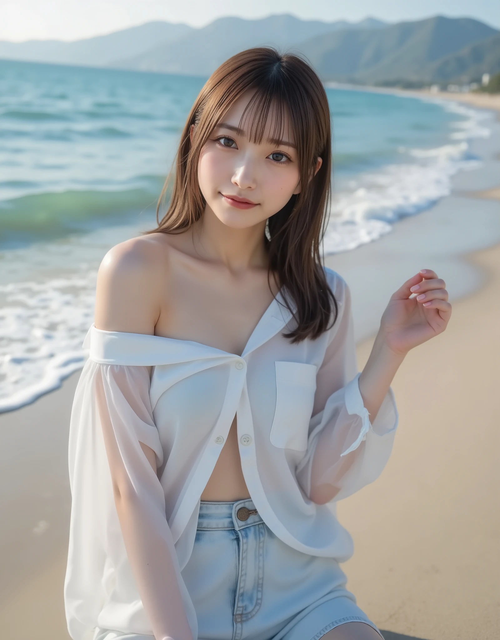 masutepiece、masterpiece、top-quality、ultra-detailliert、hight resolution、 hight resolution、8K Portrait、Unity 8k Wallpapers、extremely details CG、Unity 8k壁纸、Highly detailed CG Unity 8k wallpaper、逼真、realperson、Portrait photos、shinny skin、high-detail、Beautiful clear eyes、Ultra-fine depiction、delicated face、Lovely lips、big breasts thin waist、Thin leg、(fullnude)、(flat chest:1.8)、Cute smile、(the beach)、(Small:1.2)