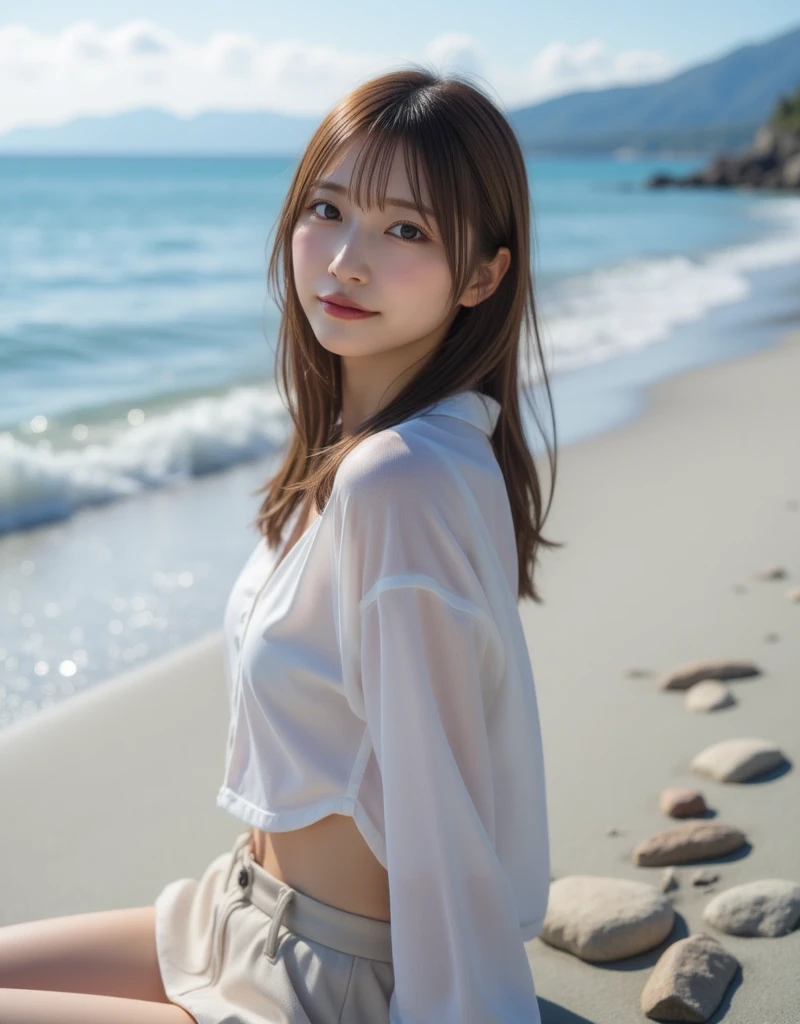 The most beautiful in the world、The cutest sleeping face in the world、The cutest gravure idol pose in the world、Business Style、Perfect balance、cute、((12 year old female:1.2))、Young and adorable Japanese face，Official Art，Very detailedな CG Unity 8K 壁紙，（masterpiece:1.0),(Highest quality:1.0), 超High resolution,4K,Very detailed, photo shoot, 8K, Hmph, High resolution, Kodak Portrait 400, Film Grain, Lens flare brilliance,高いest quality,8K,Hmph:1.2),Portrait Shot,8K、View your viewers、Beautiful girl in every detail、Very detailed目と顔、Beautiful and sophisticated nose、Beautiful and beautiful eyes、Cinema Lighting、Beach、Bright sandy beach、Perfect ???????、Slender body、Captivating smile、pubic hair、positive、Both breasts are visible、I can see from his crotch to his head....、Anatomically correct genitals、Small breasts、Please raise your hand、The penis is inserted into the genitals、dream-like, A pleasant smile、Open your mouth a little、Cowgirl style
