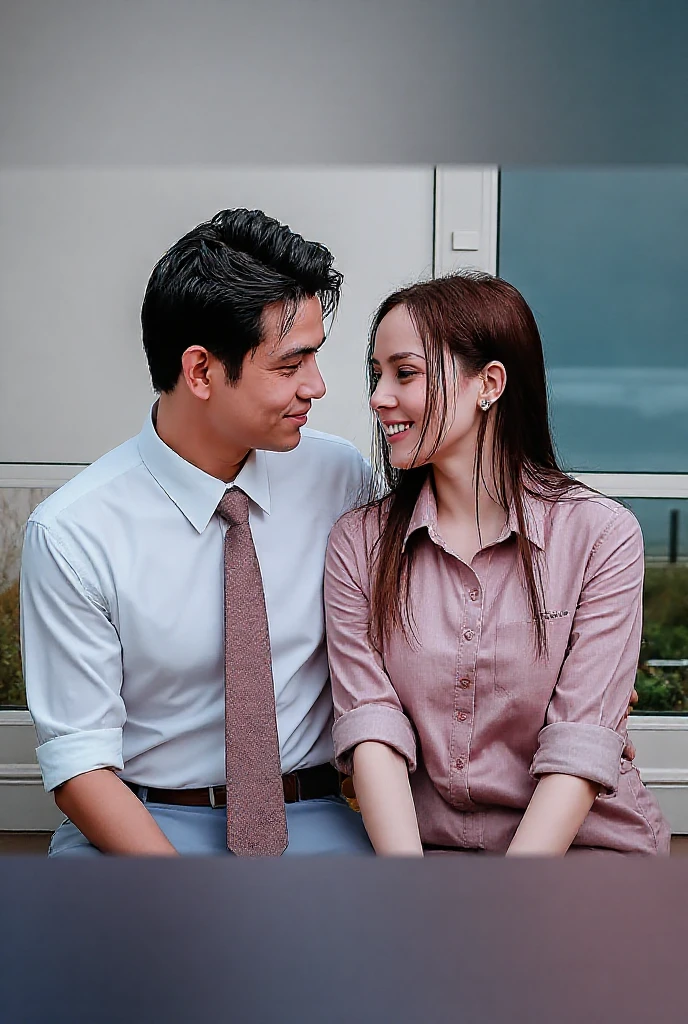 Male, stubble beard brown, handsome green eyes, thin, middle curly hair, classy navy suit, badass skinny, smiling with his girlfriend who has curly black hair, girlfriend wears glasses
