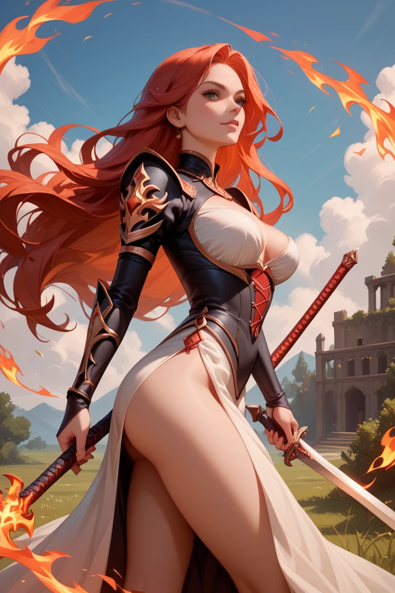 anime,a digital painting by greg rutkowski of lana rhoades with voluminous, flowing, vibrant, beautiful, silky, shiny, long, luxurious, bright, fire engine red hair