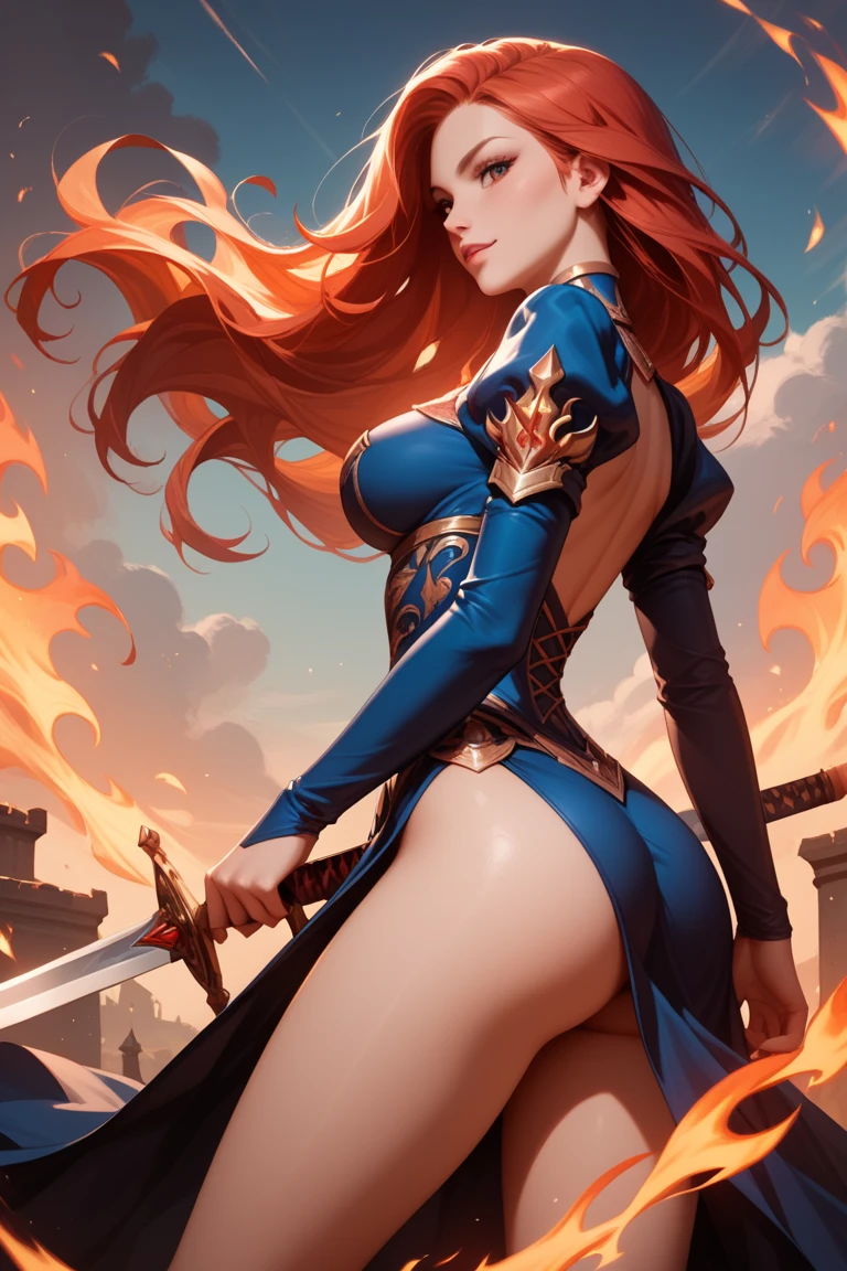 hand drawn sketch illustration of a beautiful dnd ifreet djinn girl with flaming red hair, blue eyes, symmetrical antlers, blue skin, leather armor, illustration, watercolor ink sketch, (best quality)), intricate detailed,