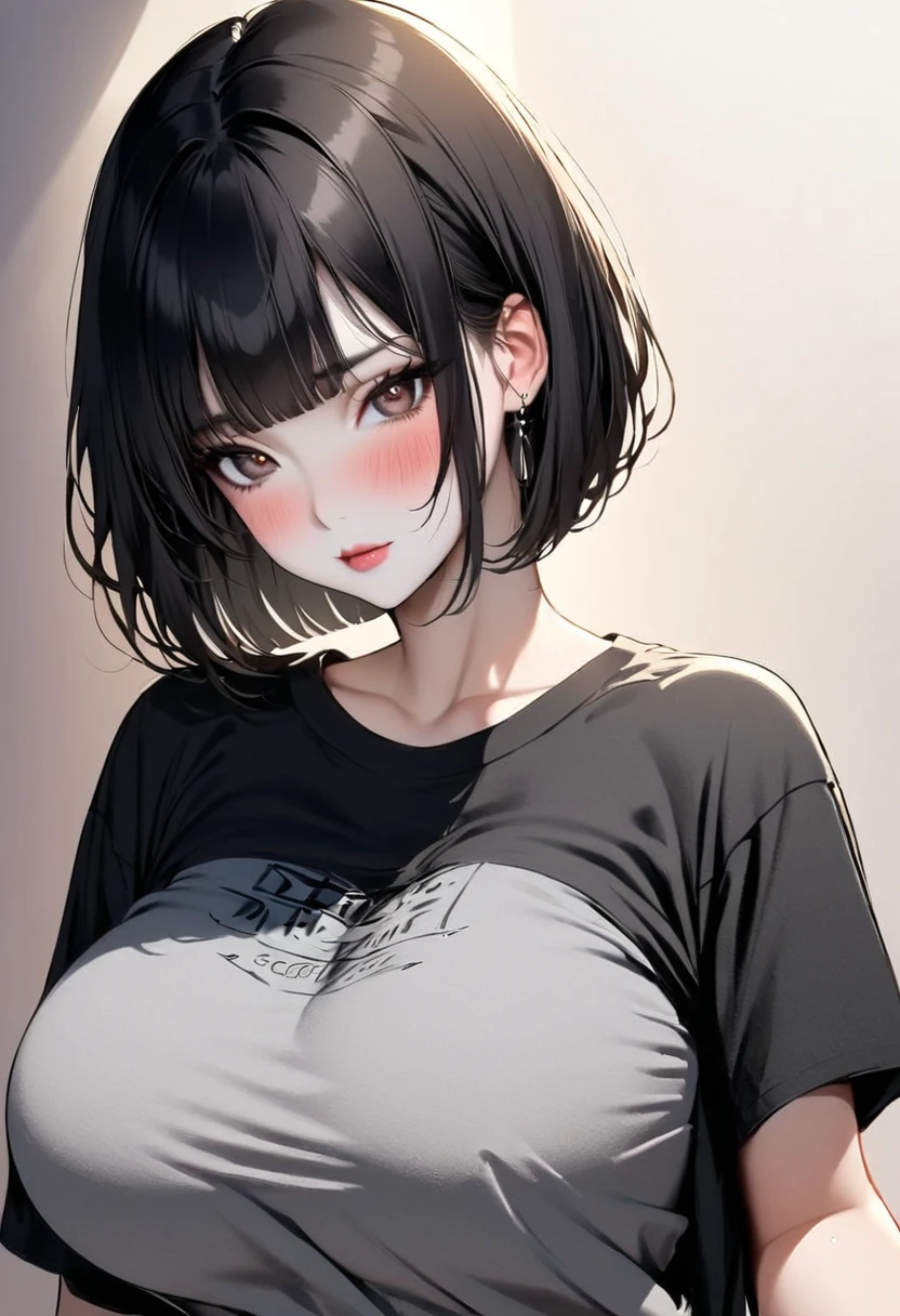 Amazing portrait of a cute goth woman with her short black hair in a bob hairstyle and she's wearing heavy eyeliner around her eyes and she's gazing at you seductively she wears an off shoulder t shirt that is orange and black with black bra straps