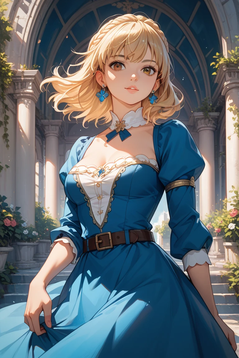 ((Best quality)), ((Masterpiece)), (detailed), perfect face perfect figure, Middle Ages, forest background, 26 year old, Scandinavian woman, Princess, Golden hair, bun-like hairstyle, bright blue eyes, pale skin, large breasts, tight blue dress, off shoulder, cleavage, diamond tiara, blue heels, thrilled smile, teeth, walking, high resolution, (ultra-detailed), (best illustration), (best shadow), (absurdres), (perfect hands, perfect anatomy), (4k textures), epic artistic, sharp focus, even lighting, insane details, intricate details, hyperdetailed, rich colors,

