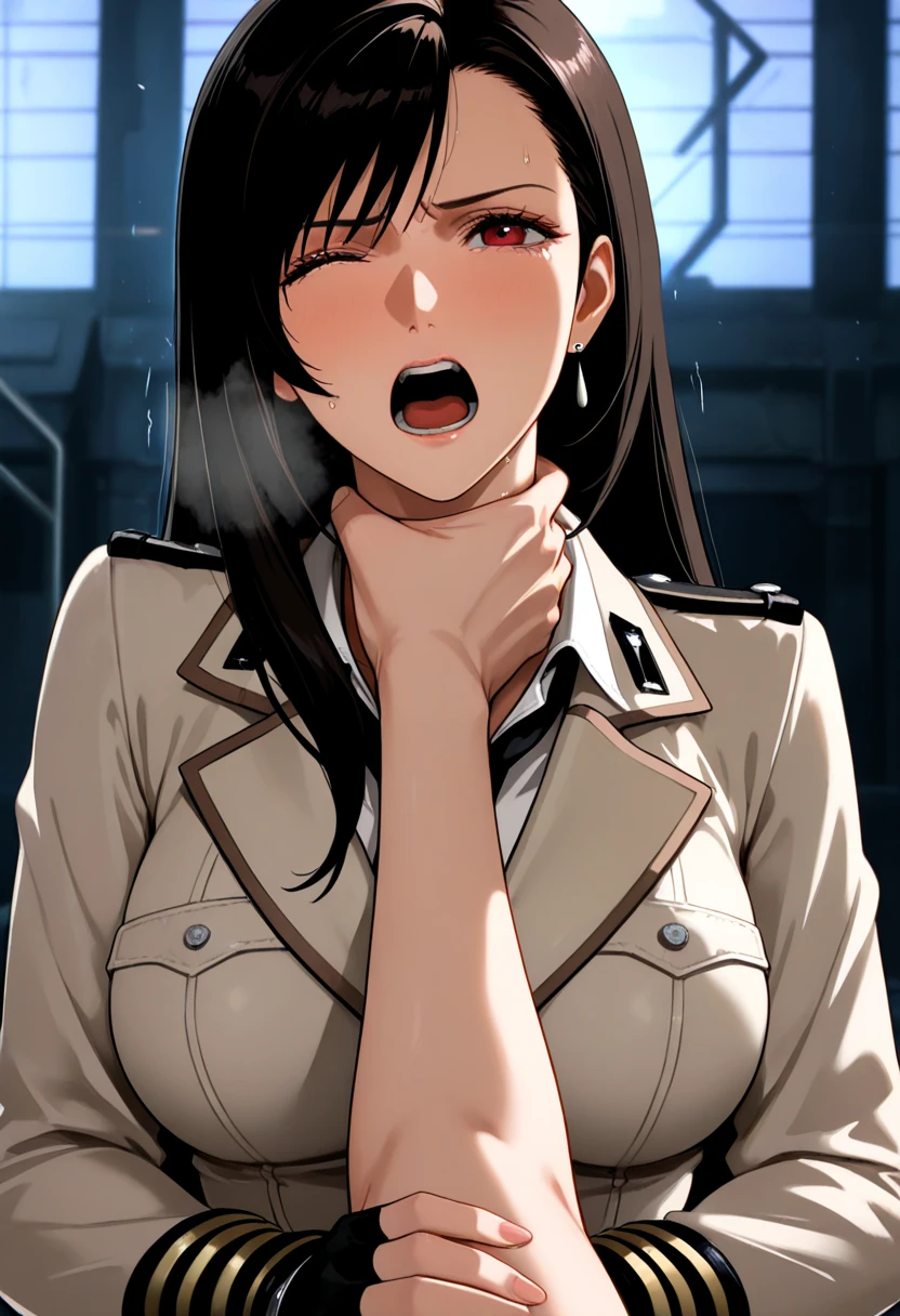 ((1 girl)),((alone)), Shizuka hiratzuka,((Extremely detailed CG unity 4k wallpaper)),(Masterpiece),(ultra quality),(Ultra detailed),(best illustration),( best shadow),(extremely detailed),(absurdities),(detailed background),curvy body,cowboy shot,looking at viewer,dynamic pose,depth of field,large breasts,narrow waist,wide hips,medium thighs,butt round, sweater, black hair, long hair, air hair, mature, adult woman, blush, gray eyes, beautiful detailed eyes, light skin, soft skin, seductive look, ((black pants:1.3, tight pants, white shirt:1.4 ,tight shirt,short sleeves,neckline:1.3,lab coat:1.2,belt,black loafers,nail polish)), ((only)), earrings,(( Standing:1.3, indoor, school, office, table ,desk,window,sunset)),mouth closed,backlit,looking forward,((focus on breasts),pov:(from middle),perfect anatomy,perfect hands