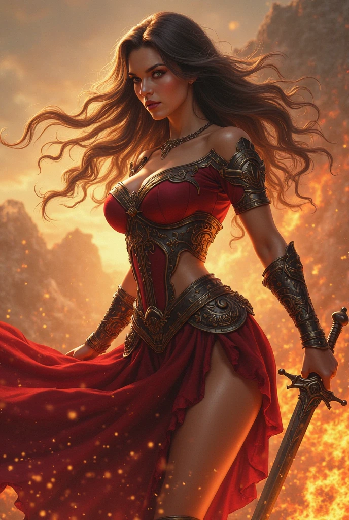 ((realistic:1.5)),((best quality)), ((masterpiece)),((detailed)), ((8K)), (1girl), (a beautiful 27 year old female fighting a red demon), (half body:1.5), face focus, toned muscles, long legs, slim thighs, narrow hips, green eyes, tiny breasts, (detailed face, sultry smile, beautiful eyes, detailed clothes, clear background:1.5), (Normal skin, short black hair, outlined eyes, outlined face, bracelet, half body), wearing intricately detailed red warrior dress, boots, belt, fighting a demon, detailed night volcano background, stars, soft lighting, best shadow, soft details, perfect composition, Intricate, Sharp focus, dramatic, by luis royo, by julie bell