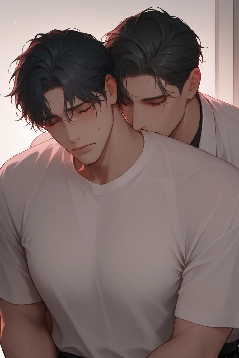 2man, They are hugging each other face to face, love, They are teenage boys with the ability to see and talk to ghosts.. 15 years old, hair: Handsome man、暗い白hair、ミディアムレングスのhair, skin: Sunburn, Performance: melancholic, sad (Because he was an orphan) accessories: , Hugging each other face to face, love