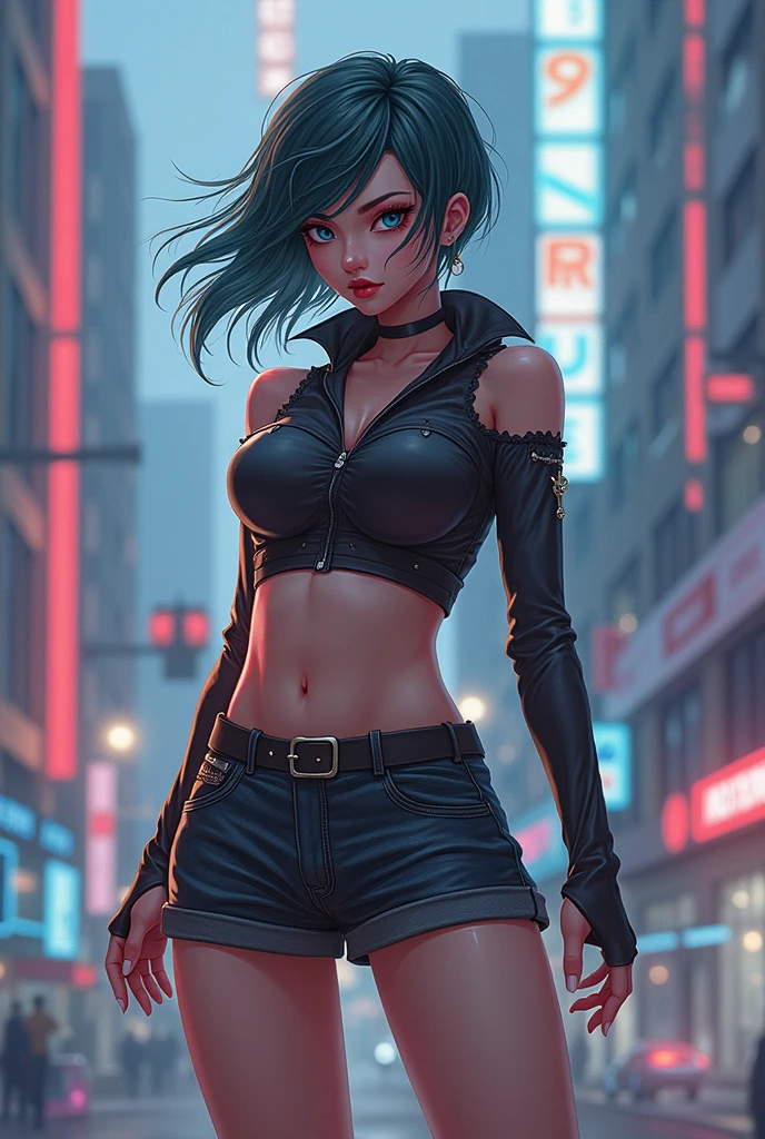 Cyberpunk portrait photography, cyberpunk glasses, glowing cyberpunk neck guard, black bandeau, leather pants, high heels, natural skin, soft light, edge light, hips, on the side of the road, detailed background, complex, high detail, octane rendering, HD, 8k, Anne Leibovitz, 120mm