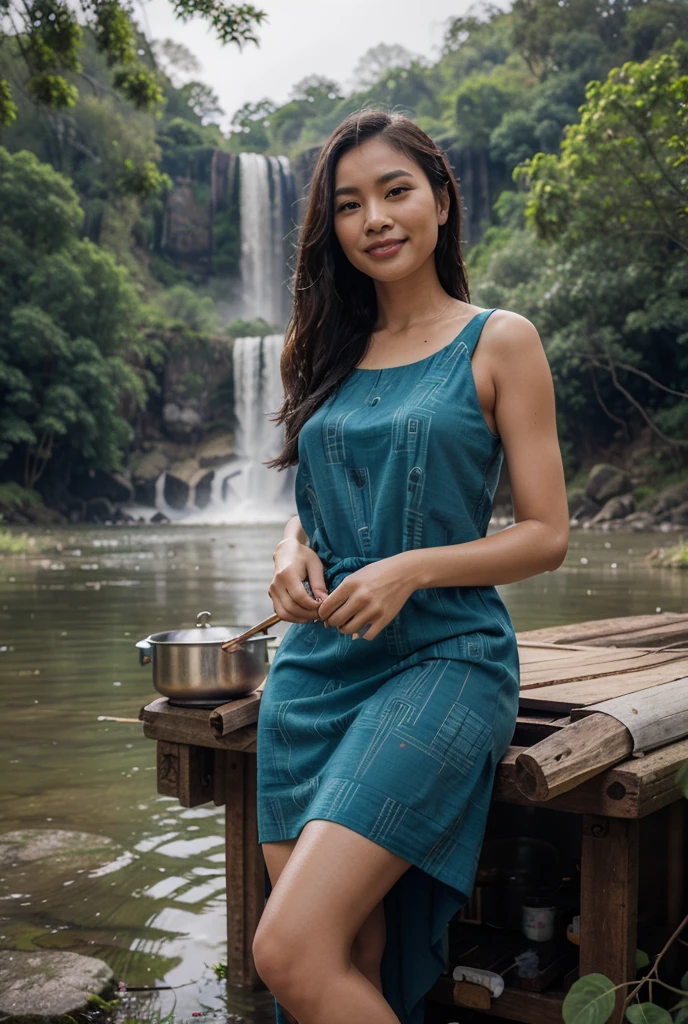 A young Indonesian woman is in the garden. Pick the chilies
