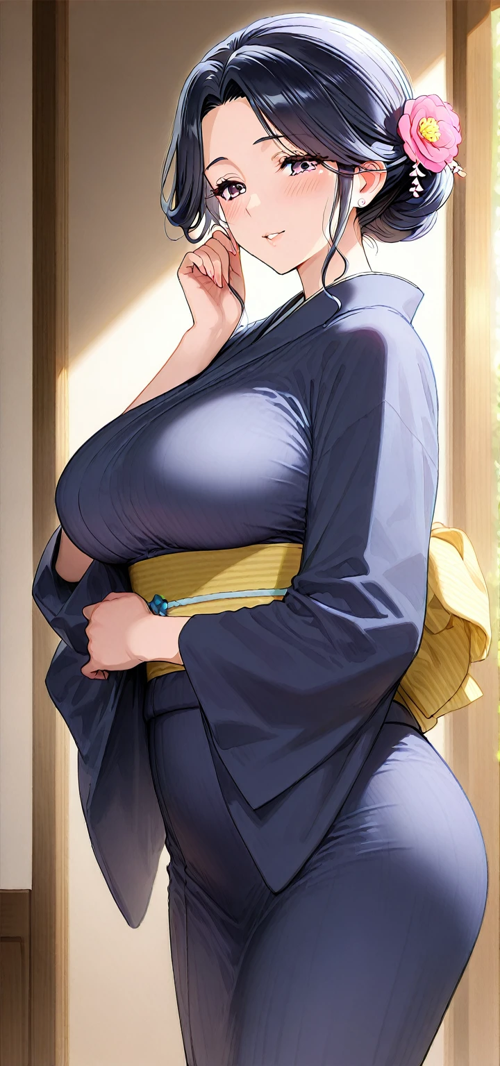  24-years-old, Huge breasts, soft, Long black hair, Straight bangs, Full body illustration of a blue-eyed girl, Japanese Kimono,