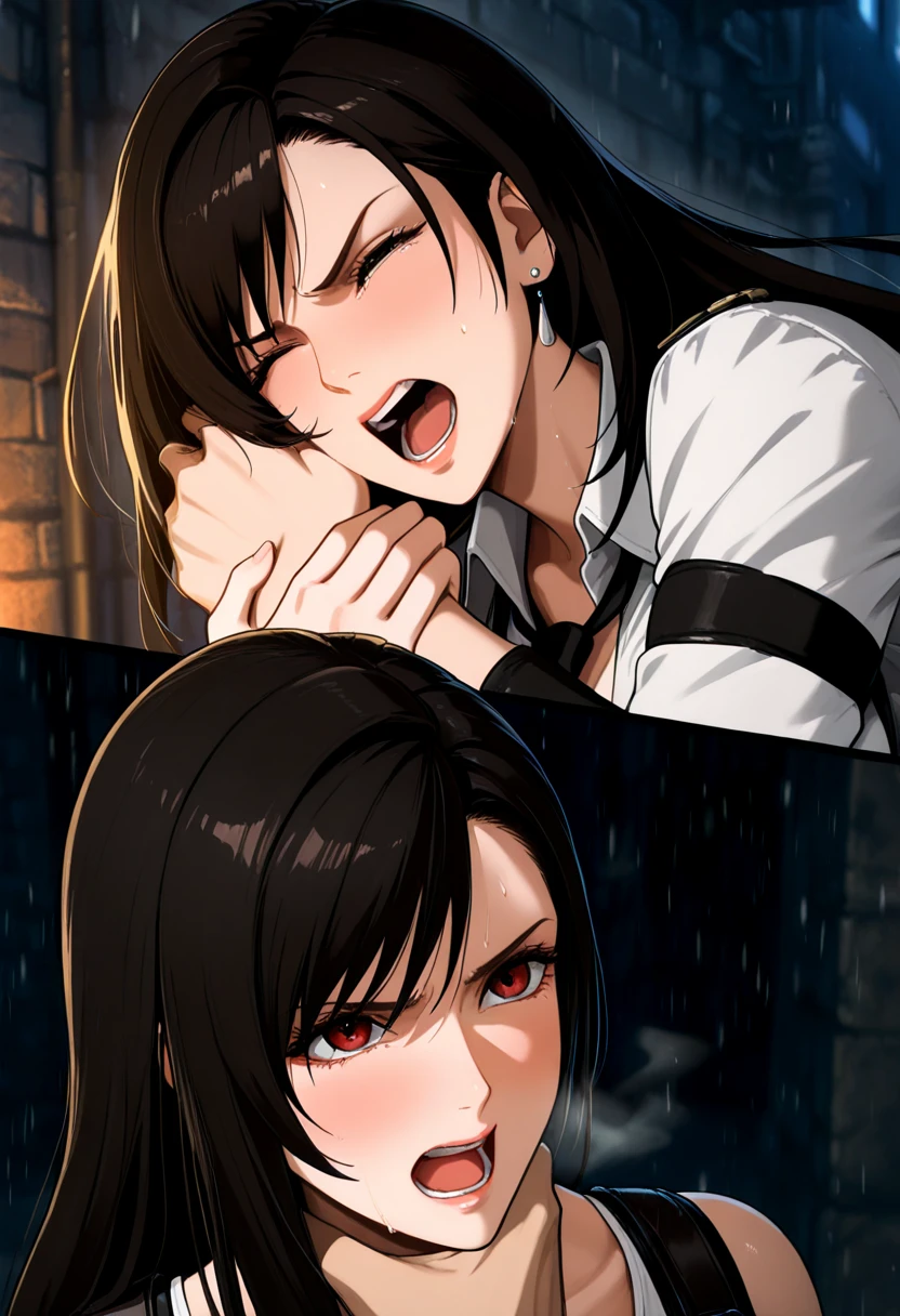 Dazzling, Armpits, intricate detailes, 1girl in, Mikasa Ackerman, (A dark-haired:1.3), hair between eye, short-haired, sideburns, s lips, shut, Yui, s lips, ​masterpiece, best qualtiy,  hason, Baezon, Black eyes,Black eyes, muscle, medium breasts, sucking a man dick , sucking a man dick