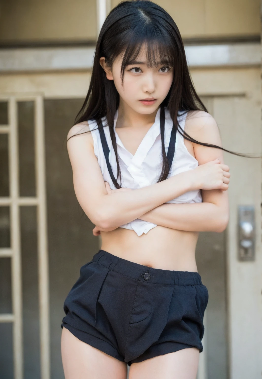 (masterpiece, highest quality:1.4), award-winning portraits, 8K, 85mm, alone, beautiful face, delicate girl, , (dark navy blazer jacket), dark navy skirt, long sleeve, violaces, gardenia, grace, Sophisticated, cute, teen, looking at the viewer, 15 years old, Raw photo, disorganized, HDR, sharp focus, A bow tie, background bokeh、(((flat 、thin and delicate body、A childish atmosphere)))、Her shiny semi-long hair is tied up、hair swaying in the wind、Mole on the left cheek、large, round, dark blue eyes、full body、random pose、Run、sprinting、Skirt fluttering in the wind、Junior idol、Nogizaka Idol、widening skirt、jump、mole under eye、sexy