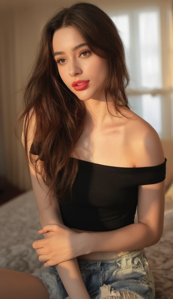 Caucasian woman; ((black hair)), wavy hair, ((long hair)), hair parted in the middle; ((blue eyes)), ((lined eyes)), ((highlight blue eyes)), shiny eyes; (eyes with reflection), ((red lipstick)), (((lips with gloss))), makeup; smile, (athletic body), ((medium breasts)), (nipples; ((red top)), ((strapless top)), ((pleated skirts)); earrings, necklace, bracelets; high quality, artistic shot, sitting on a comfortable sofa, crossing legs, soft light, in elegant home, side view, overhead shot.