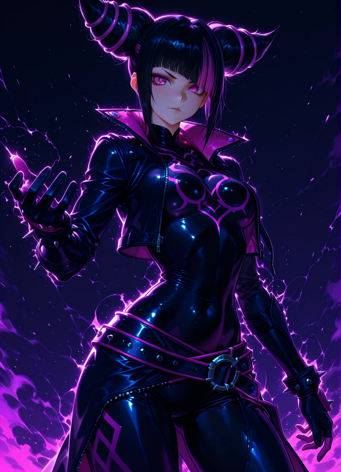 juri han,sitting with legs crossed,Beautiful Tits,legging preta,horn hair,bright purple eyes,low illumination,black jersey,black leather jacket,evil smile,staring overhead