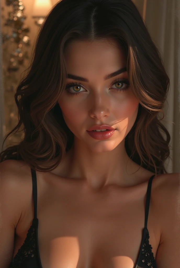 1wife, (realistic:1.5) wife (autoportrait du visage:1.4) Selfie, photo de visage avec une belle coiffure aux cheveux longs, maquillage parfait, la nuit, dressed for the party, in a 5 star hotel