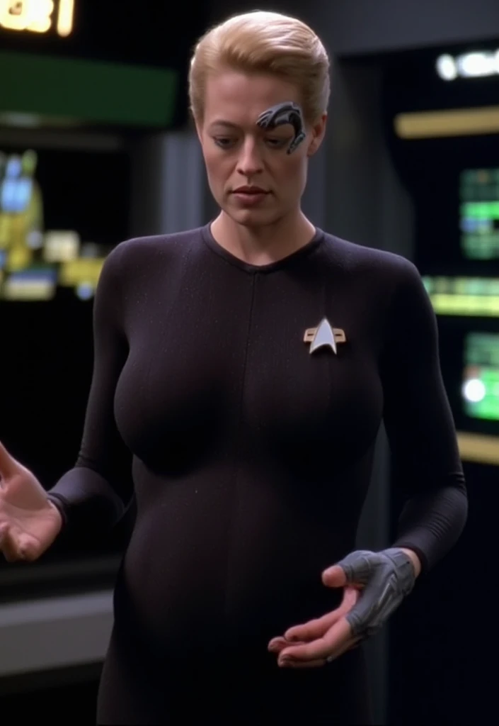 Seven of Nine confidently strutted down the futuristic corridors, her wide hips and tight waist perfectly complementing the sleek and form-fitting body suit she wore, the intricate design accentuating every curve while also providing ample support for her breasts as they gracefully swayed with each step. <lora:yursrp18e390f0b16m853:1>