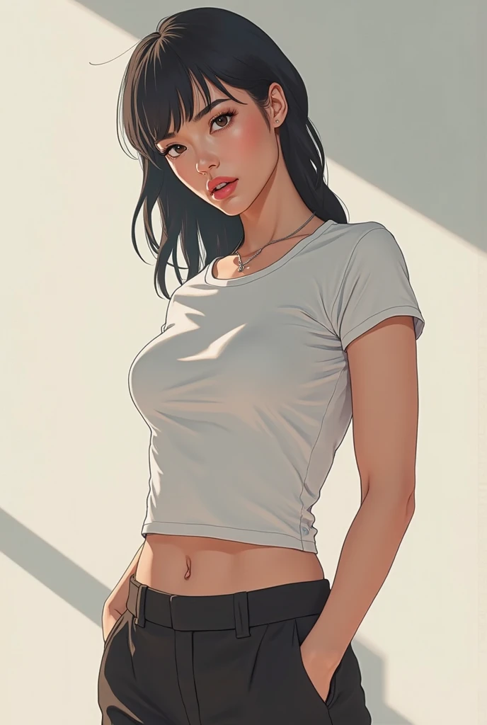 18 year old girl, attractive, white skin, transparent shirt, white t-shirt, big boobs, chubby body, tight ass, black panty, expose cleavage, hot lips