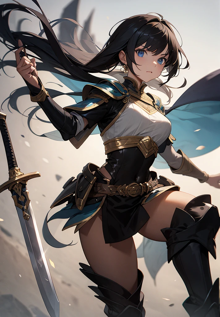 Girl, Navel exposed, Wear calf-length socks and boots, Holding a sword, Being attacked by enemies, I close my eyes in agony and shout