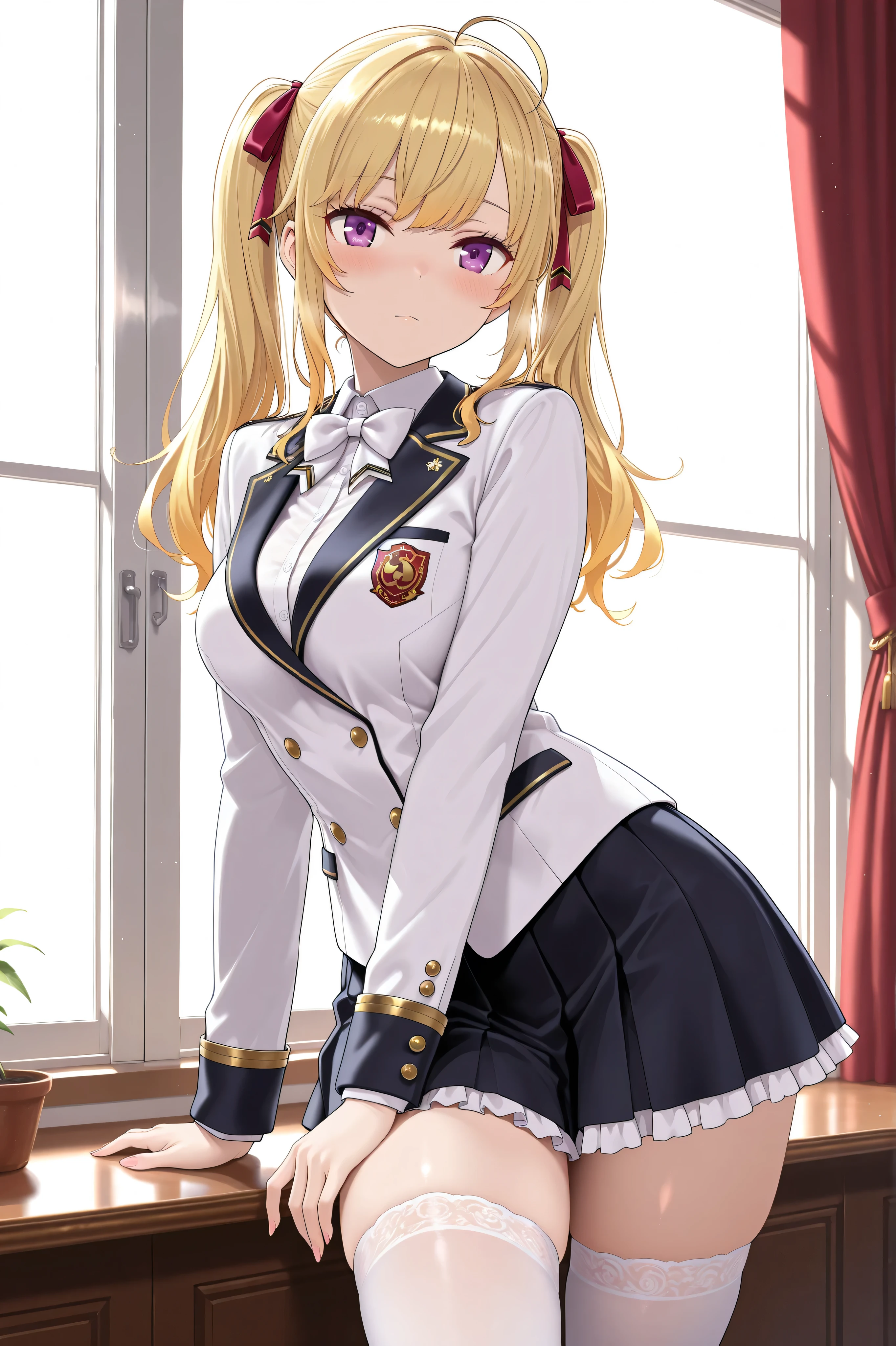 solo,masterpiece,best quality, amazing quality, highres, absurdres, very aesthetic, high resolution, ultra detailed, perfect details,nijirion,medium breasts,purple eyes,blonde hair,twintails,ahoge,hair ribbon,nijirioncos,white shirt,white bowtie,white jacket,black lapels,button,black skirt,frilled skirt,miniskirt,white thighhigh,(masterpiece, detailed:1.2)