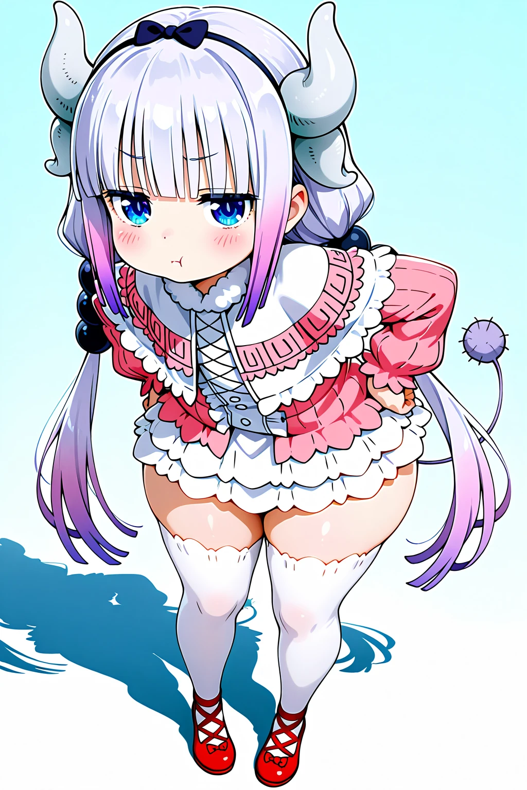 {kanna_kamui_kobayashisanchinomaidragon:1.15}, long_hair, light_purple_hair, blue_eyes, hair_ornament, bangs, blush, multicolored_hair, twintails, blunt_bangs, hair_beads, beads, hairband, gradient_hair, low_twintails, horns, dragon_horns, purple_hair,Pussy