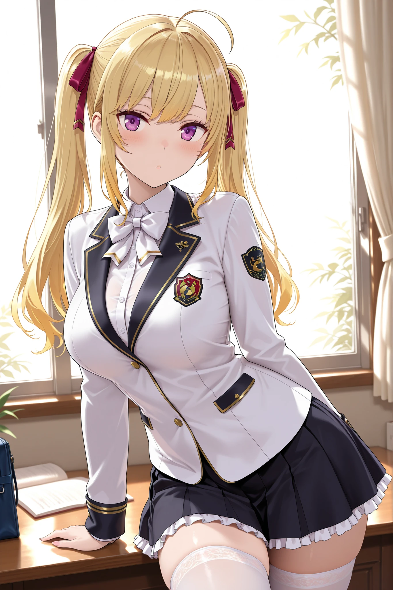 solo,masterpiece,best quality, amazing quality, highres, absurdres, very aesthetic, high resolution, ultra detailed, perfect details,nijirion,large breasts,purple eyes,blonde hair,twintails,ahoge,hair ribbon,nijirioncos,white shirt,white bowtie,white jacket,black lapels,button,black skirt,frilled skirt,miniskirt,white thighhigh,(masterpiece, detailed:1.2)