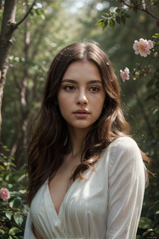 (La mejor calidad,Ultra detallado,fotorrealista),mujer joven, cabello blanco plateado Hermosos ojos,Labios detallados,pensive expression,Soft lighting,colores vibrantes,,Cabello largo y suelto,Elegante atuendo,garden background,flores coloridas,Luz solar natural,Serene atmosphere