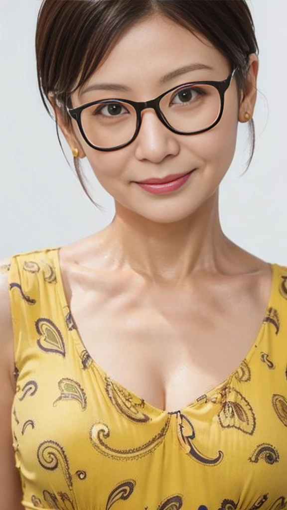 Half body potrait, 1 cute girl (18yo) glasses, upper body, slim waist, small breast, sexy pose, naugthy face, bangs, random hairstyle, cleavage, navel, off shoulder, seductive smile, wear orange sexy underwear, gray background, ((Realistic:1.3)).