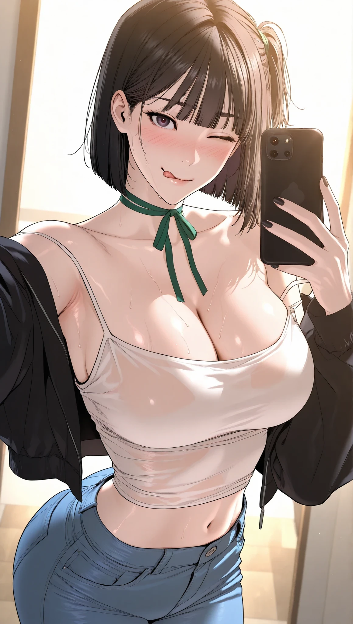 8K quality, masterpiece, live action, realistic humanity, realistic skin texture, natural skin, Japanese woman with long dark silky straight hair、 bangs, toned body, slim waist, smooth skin, Glossy skin, ray tracing, masterpiece (((naked))) ((Mirror selfie)) whole body (((toilet))) (((mini skirt))) big areola (((saggy breasts))) (((areola attached below))) ((black nipples))