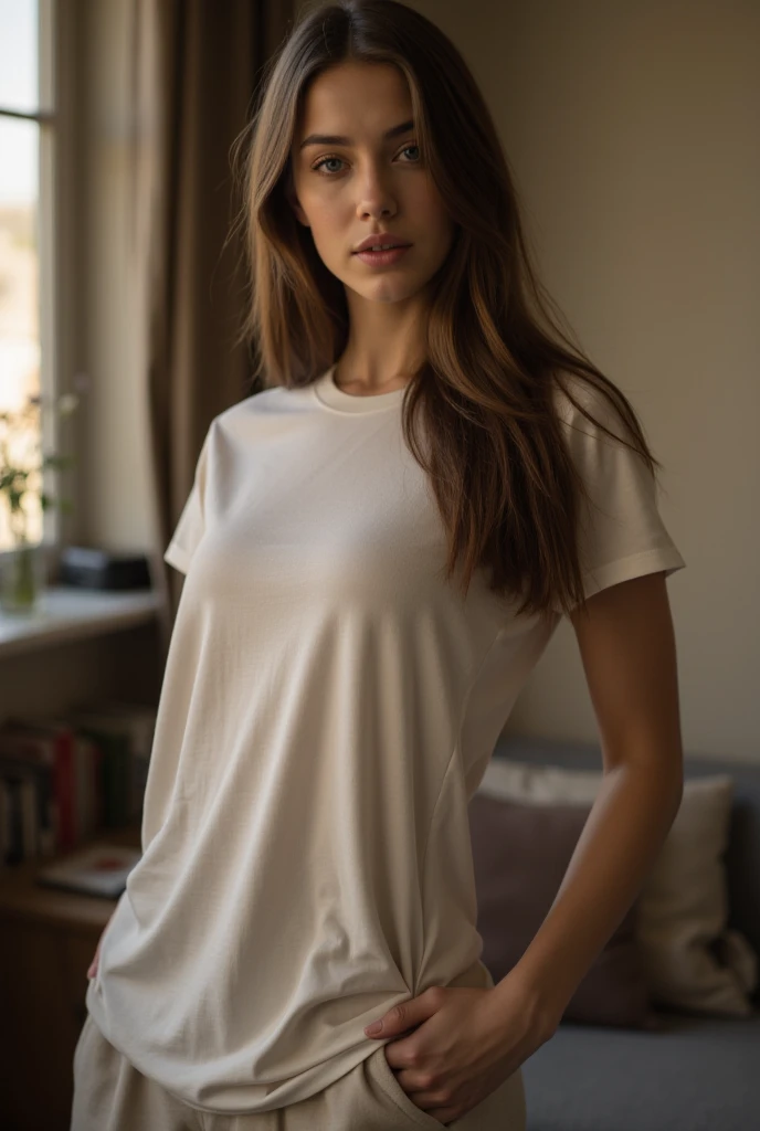 breathtaking full body, A woman, in a dorm room, wearing man shirt and sport short, focus on eyes, masterpiece, award wining photography, sharp, soft lighty, artificial lights, cinematic, <lora:CelineV1:1>, masterpiece, award-winning, professional, highly detailed, detailed skin texture, (blush:0.5), (goosebumps:0.5), subsurface scattering, dry skin, fuzzy skin