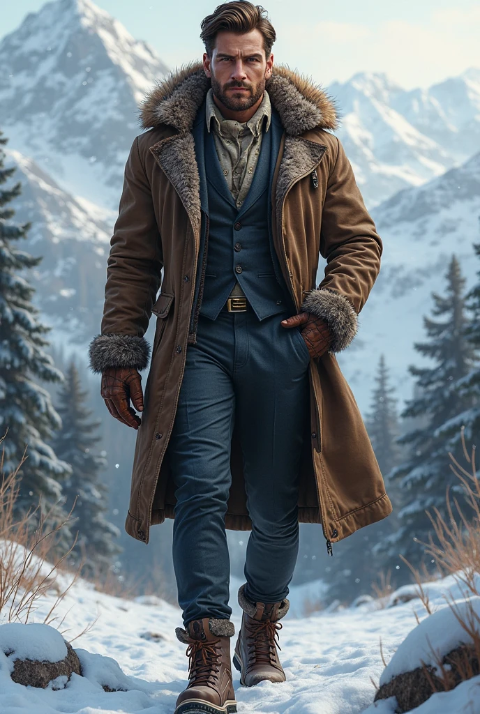 handsome boy, European style hair.  wearing a book coat made from a snow bear, slightly visible thighs.  very sexy, real prominent body curves, tight muscles, real detailed skin pores, walking in a forest full of snow.  passionate atmosphere.  Highly detailed 3D work 800k lighting, HD, 8k.  perfect anatomy.     Full body shot.