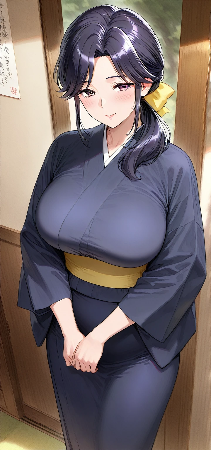 1girl, breasts, solo, black_hair, braid, sweat, long_hair, huge_breasts, cleavage, wooden_wall, sash, smile, japanese_clothes, collarbone, parted_bangs, kimono, blush, looking_at_viewer, upper_body, very_long_hair, open_clothes, black_eyes, bangs, black_sash, single_braid