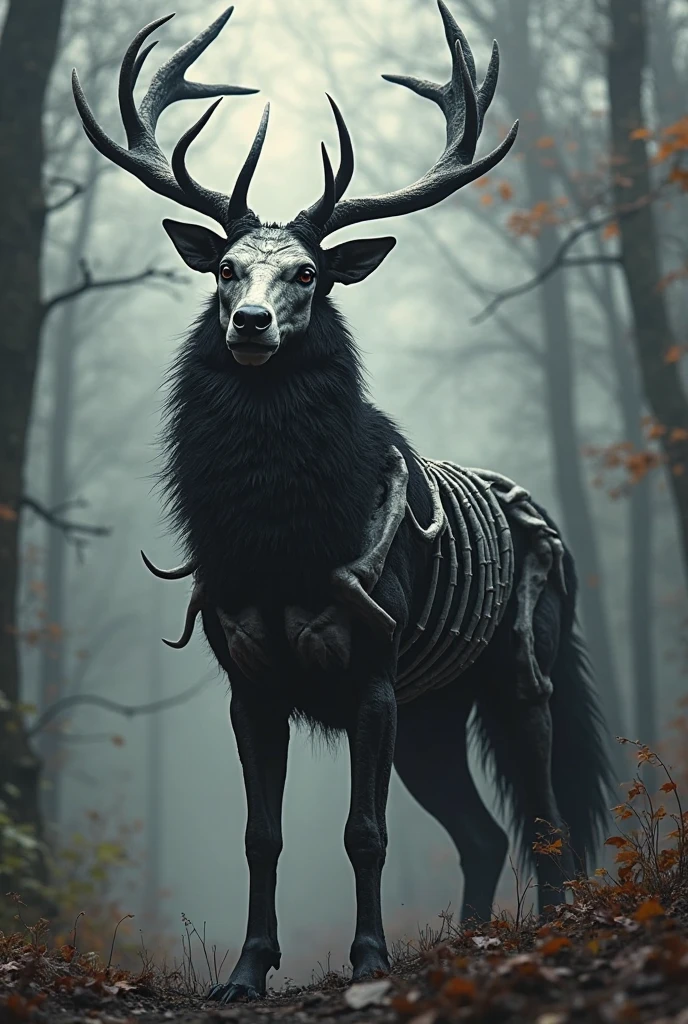 full body portrait of scary black beast, very tall, four legged, scary skull head, bone, skull, lots of antlers and horns [deer | tiger | wolf | wendigo | bear], hybrid beast with beryl green eyes dark mysterious forest scenery , fantasy, dark fantasy, full body , cinematic, render, 8k, unreal engine, realistic, masterpiece, high detail, full body, low life, volumetric lighting