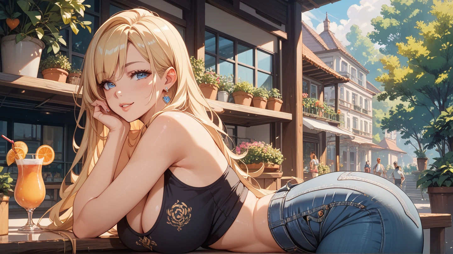 (tmasterpiece:1.4,best qualtiy),(Complicated details),Unity 8k壁纸,((hyper HD, retinas, Masterpiece, ccurate, Anatomically correct, Textured skin, Super detail, High details, High quality, A high resolution, Best quality, Award-Awarded, 16k)),ultra - detailed,Long wavy,curled,Long waves,Long blonde hair,Purple pupils,((gigantic cleavage breasts)),(Denim vests do not wear underwear,Expose your chest,exposing your navel:1.5),(Super short skirt:1.5),sitting on the stone,The scenery behind you is beautiful,Wide crotch,The photo contains the upper body and thighs,ellegance,womanly,carismatic,Red Jewel,Blush Eyeshadow,Pure desire,((Legs crossed)), Dynamic angles and poses,Dutch angle