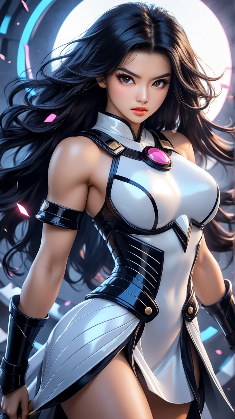 Straight black hair, Dark Skin, Latin, Purple Iris, Delicate eyes, Delicate face, A white bodysuit that shows off your body lines,Light,Realistic concept art with strong backLighting