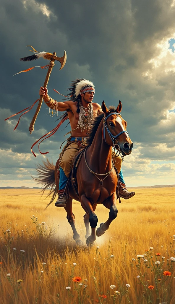 Realistic photo of a Comanche Indian on horseback ,village in the background on fire