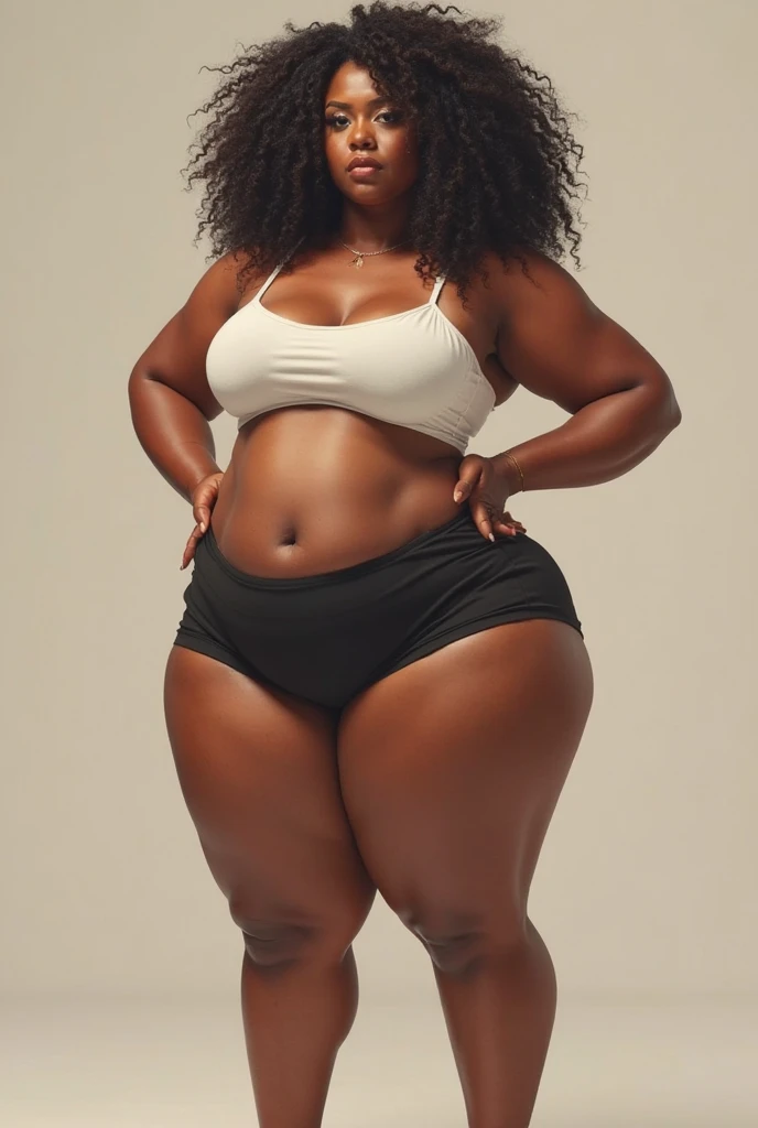(ultra high definition), (ultra high definition), (full sharpness), (maximum quality), (Cinematic), (8k), (very black Girl), ((very tall girl), ((chubby)), ((extremely beautiful)), (alone), ((full body)), (ultra detailed face), (ultra detailed eyes), (ultra realist eyes), (perfect body), (delicate hands), (very detailed hands), (studio lighting), ((front view)), (very sexy), (malicious smile), (soft skin), (very insinuating), ((perky butt)), (((wearing shorts and t-shirt))), ((ultra wide hips)), (very thick thighs), ((very thin waist)), (very small breasts), (very big ass), (natural skin), (unique), (totally realistic), (very hot), (very fat ass), (very wide ass), (so sweet), temptation), (very wide pubis), (broad bones), (very round ass), ((no belly)), ((flat belly))