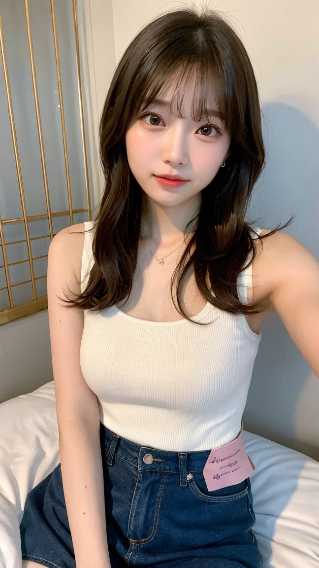 (realistic、High resolution:1.3)、1 Japan High School Girl、(Slender)、A sloppy smile、casual hairstyle、long hair、((Wearing a loose tank top))、Tank top color is random、big 、exposed chest、exposed areola、areola is small、thin arms、Delicate waist、It looks like the ribs are sticking out、(There is a gap between the left and right chest:1.1)