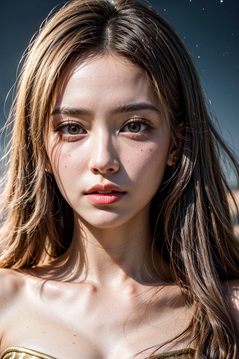 RAW photo, (best quality, 8k, 32k, masterpiece, UHD:1.2), ultra high resolution, (pretty a Korean teen girl of 13 years old), beautiful detailed eyes, long brown hair, bangs, (wearing magenta tank-top), large breasts, cleavage, portrait, (crowded city boulevard on a bright sunny day:1.2), (detailed background:1.5)