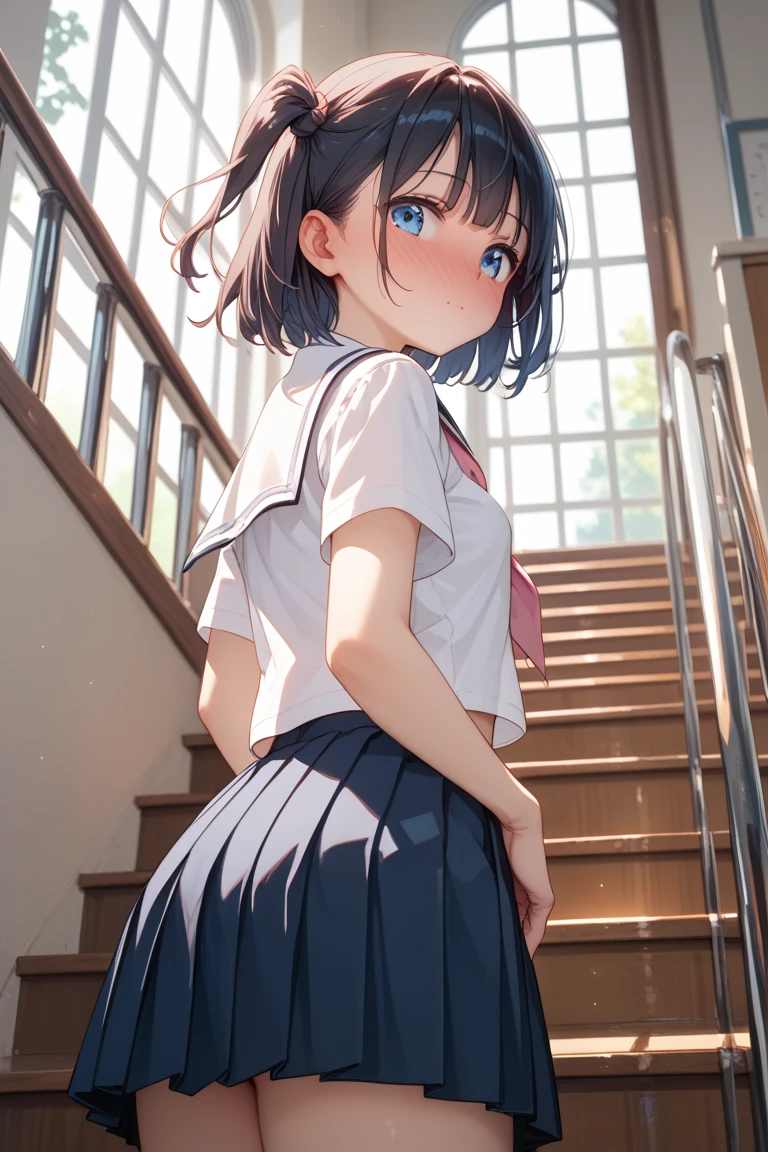 very cute and beautiful school girl,(very detailed beautiful face and eyes:1.2),
Smile,Black hair,(Mini skirt),(Cowboy Shot),(From below),Looking back,from behind,Leaning forward,Beautiful legs,White panties,
Back alley,building brick wall,Dynamic Angle,
(Best Quality,masutepiece:1.2),Intricate details,hight resolution,1 girl,Solo,Cinematic lighting,