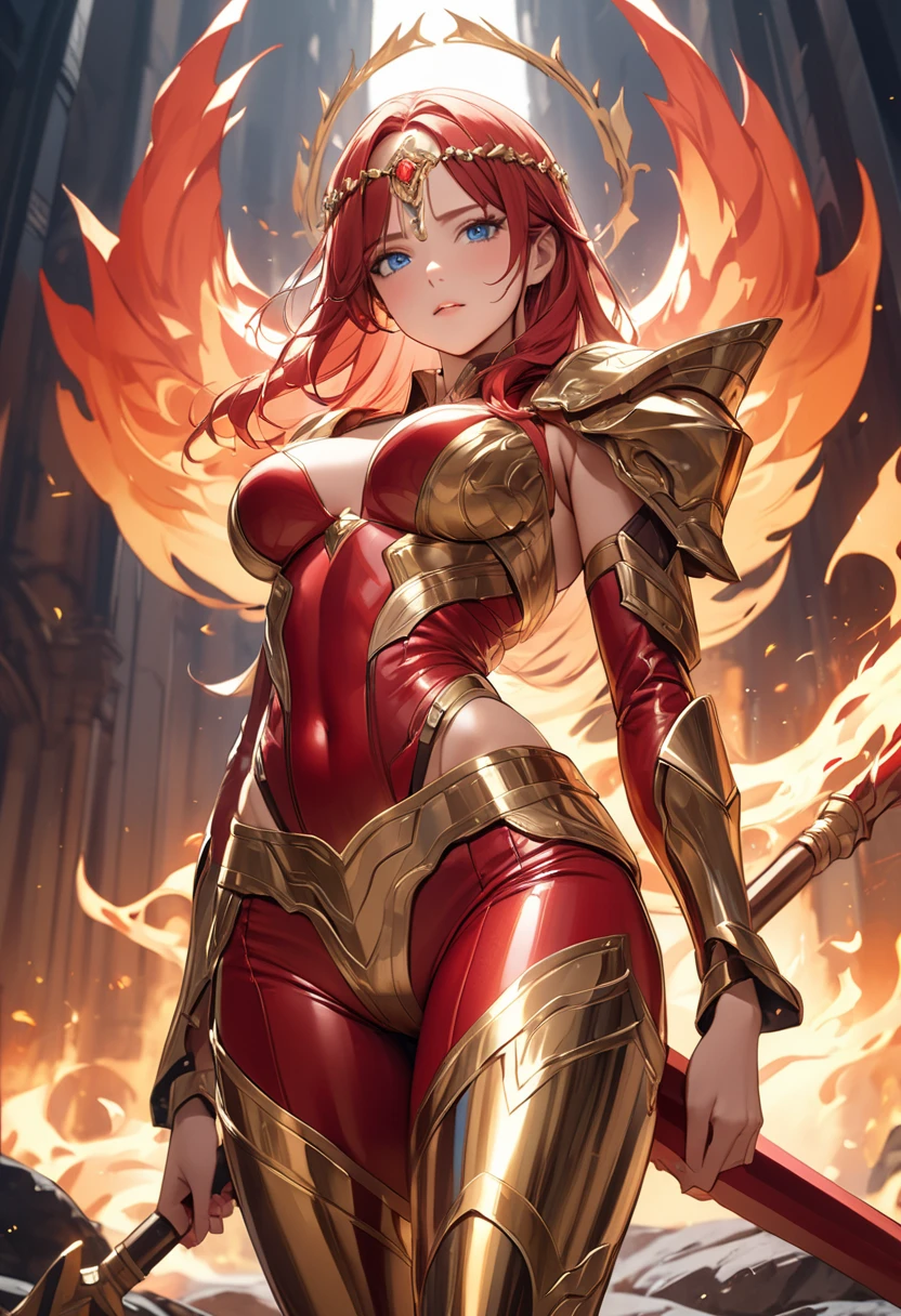 (masterpiece), best quality, expressive eyes, perfect face, ((gold and crimson armor)), closed smile, athletic body, slim figure, lace bikini, thong, exposed midriff, large breasts, cleavage, fishnets, watercolor, fire background. fire magic, sunset