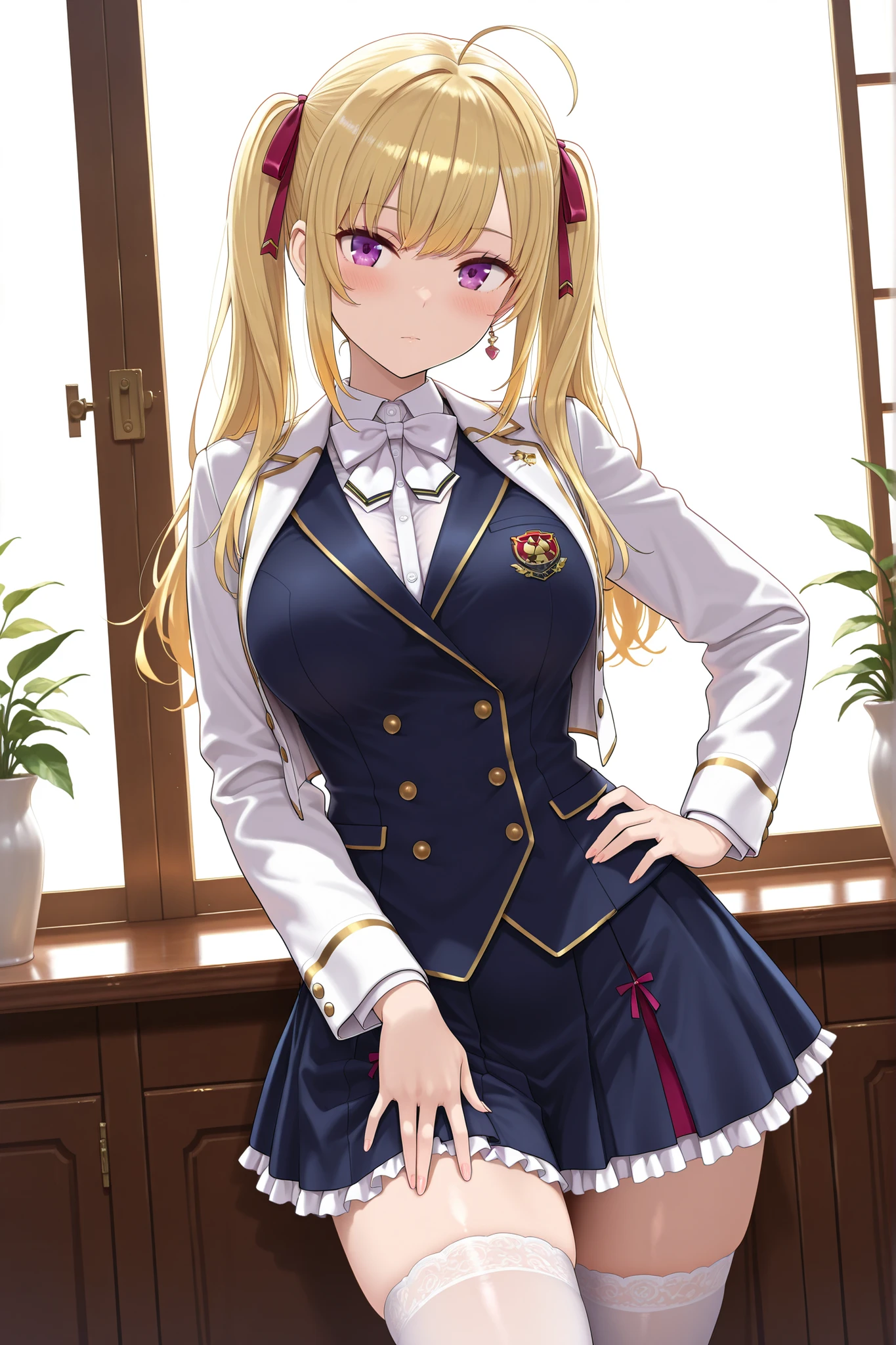 solo,masterpiece,best quality, amazing quality, highres, absurdres, very aesthetic, high resolution, ultra detailed, perfect details,nijirion,large breasts,purple eyes,blonde hair,twintails,ahoge,hair ribbon,nijirioncos,white shirt,white bowtie,white jacket,black lapels,button,black skirt,frilled skirt,miniskirt,white thighhigh,(masterpiece, detailed:1.2)