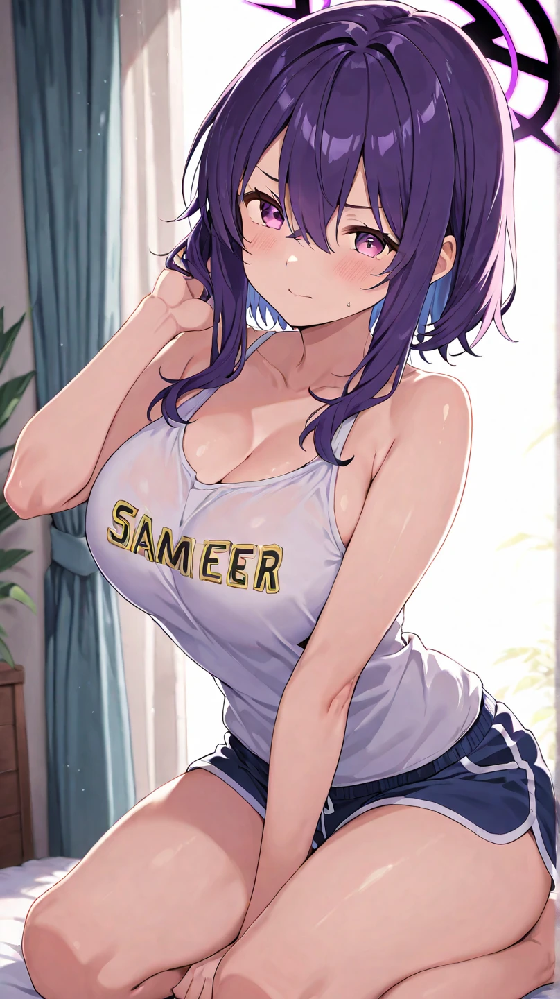 ((masterpiece)), (Highest quality、32k), (Simple style), hentai, Dark skinned slutty girl,Lewd,Completely naked,favorite,cute,Sexual Desire Ghost, Big Breasts,Purple Hair,Bobcut, ((Vaginal sex with a man that makes her breasts bounce violently:1.5)),Cowgirl Sex,Bounce and shake wildly,Sex like hitting,Breast shaking,Off-the-shoulder sleeveless T-shirt, Vibrant breasts, {{The chief&#39;s daughter is rescued by a man, and at night, while he is fast asleep after taking a sleeping pill, she straddles him and has vaginal sex with him, hoping to get his sperm.}}, The background is inside the hut, NSFW