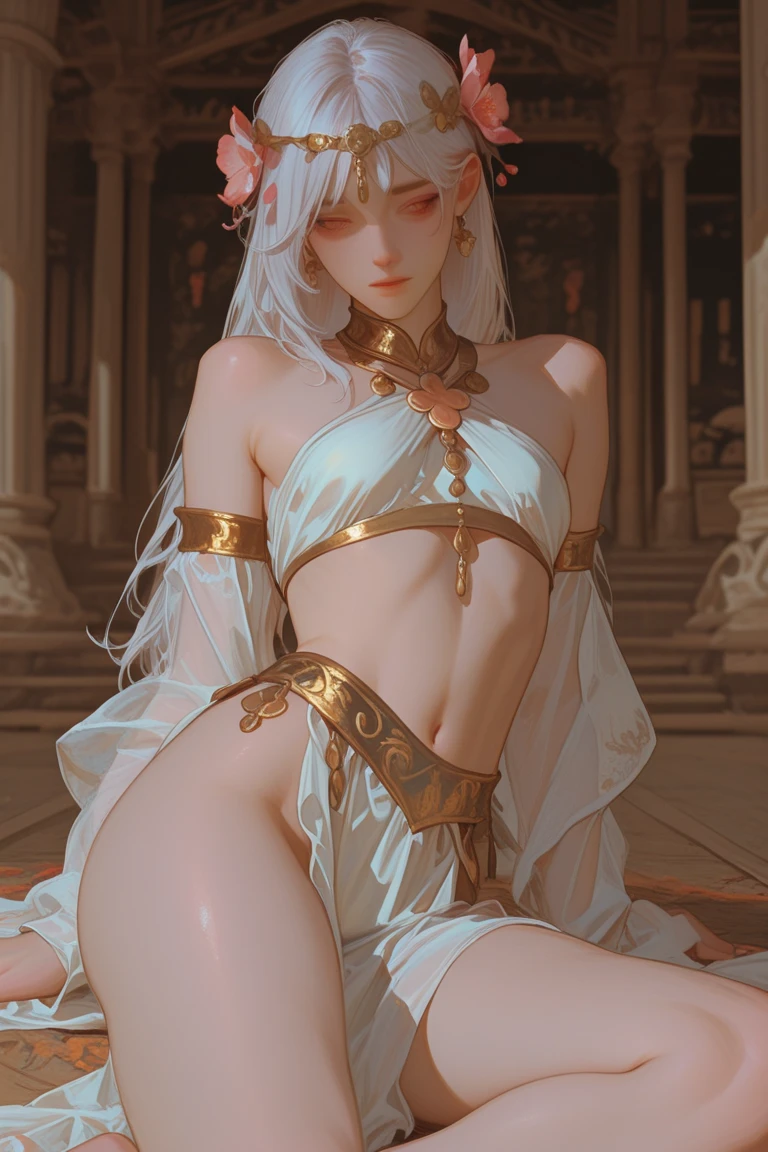 full body, Marble statue of a young girl, front opening, spats (see-through lingerie:1.3), (blushed:1.0), look of contempt,living statue, exposed small breasts, visible pubic hair, view from below, floating antique clock, lamps and lanterns, temple with greek columns, ocean in the distance, dark stormy sky, beautiful caucasian girl carved in marble, fantasy and mystery, fog, beautiful girl in the foreground,golden eyes, golden and silver hair, very long golden and silver hair, crimson lips, marble skin with reflections, statue, sexy pose, provocative pose, full body,Reloj antiguo flotante, Antique lamp, salpicar,pose seductora, Pubic Hair Visible, senos visibles,