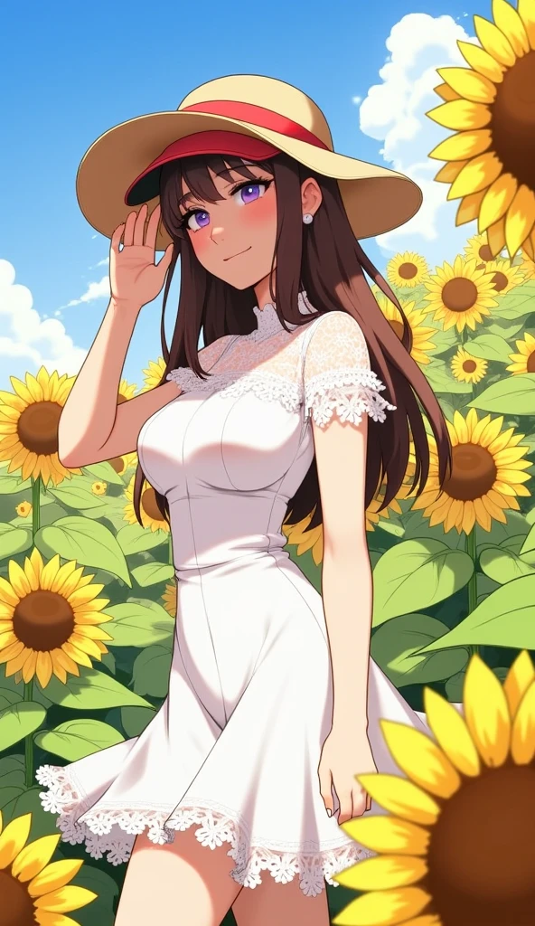 ((Highest quality)), ((High resolution)), ((masterpiece)), (detailed), (photograph),
View your audience, Cowboy Shot, Written boundary depth, Anatomically correct, Mature Woman, Perfect Face, Cute and symmetrical face, Shiny skin,
(Long Hair, Light brown hair), Hair between the eyes, Green Eyes, Long eyelashes, (Big Breasts:0.8),
Beautiful Hair, Beautiful Face, Beautiful details, Beautiful clavicle, Beautiful body, Beautiful breasts, Beautiful thighs, Beautiful feet,
(White Dress, Straw hat),
(Beautiful views), Sun shower, Sunflower field, line, lineを歩く, Look back here, (Cute Smile),